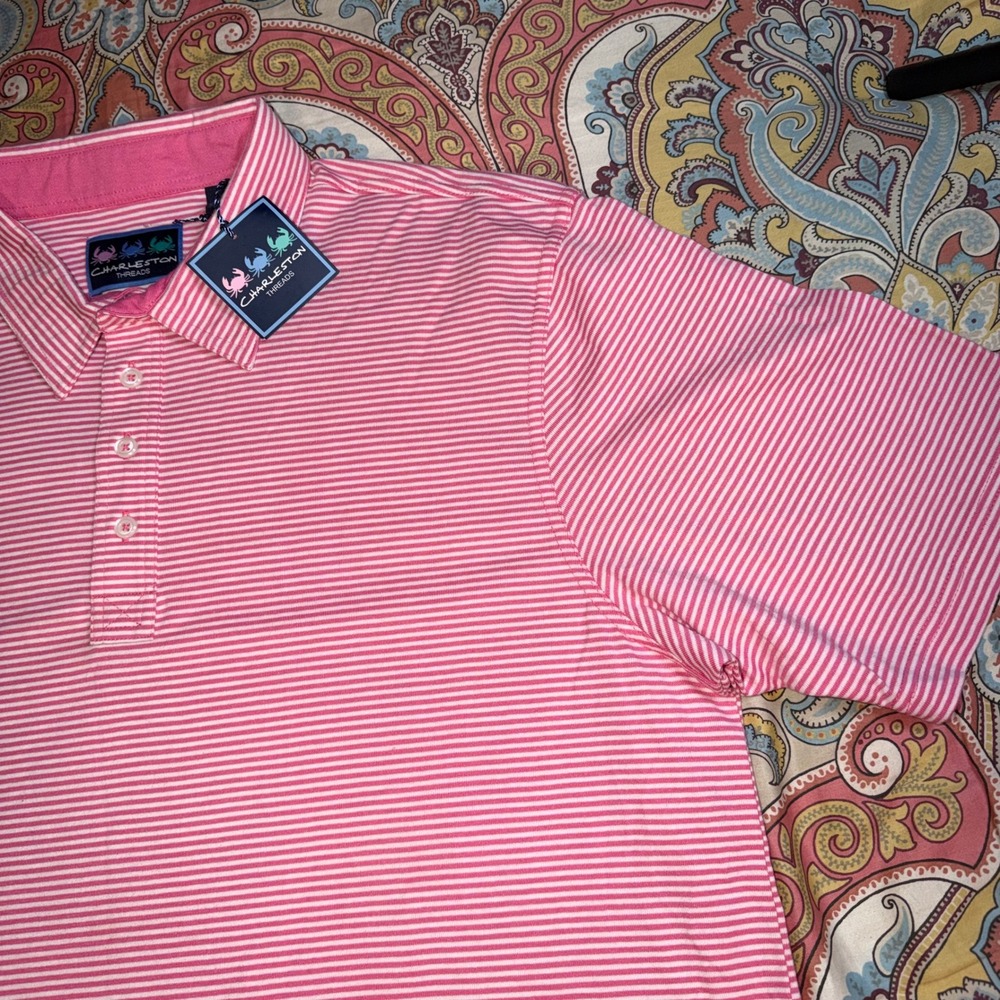 Charleston Threads Mens XXL Pink White Striped Short Sleeve Polo Shirt NWT